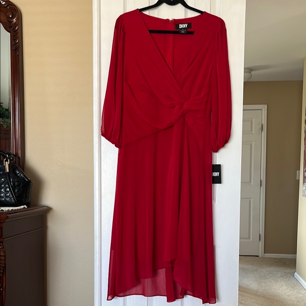 DKNY Red Wrap Style Midi Dress with Sheer Bishop Sleeves Sz 8